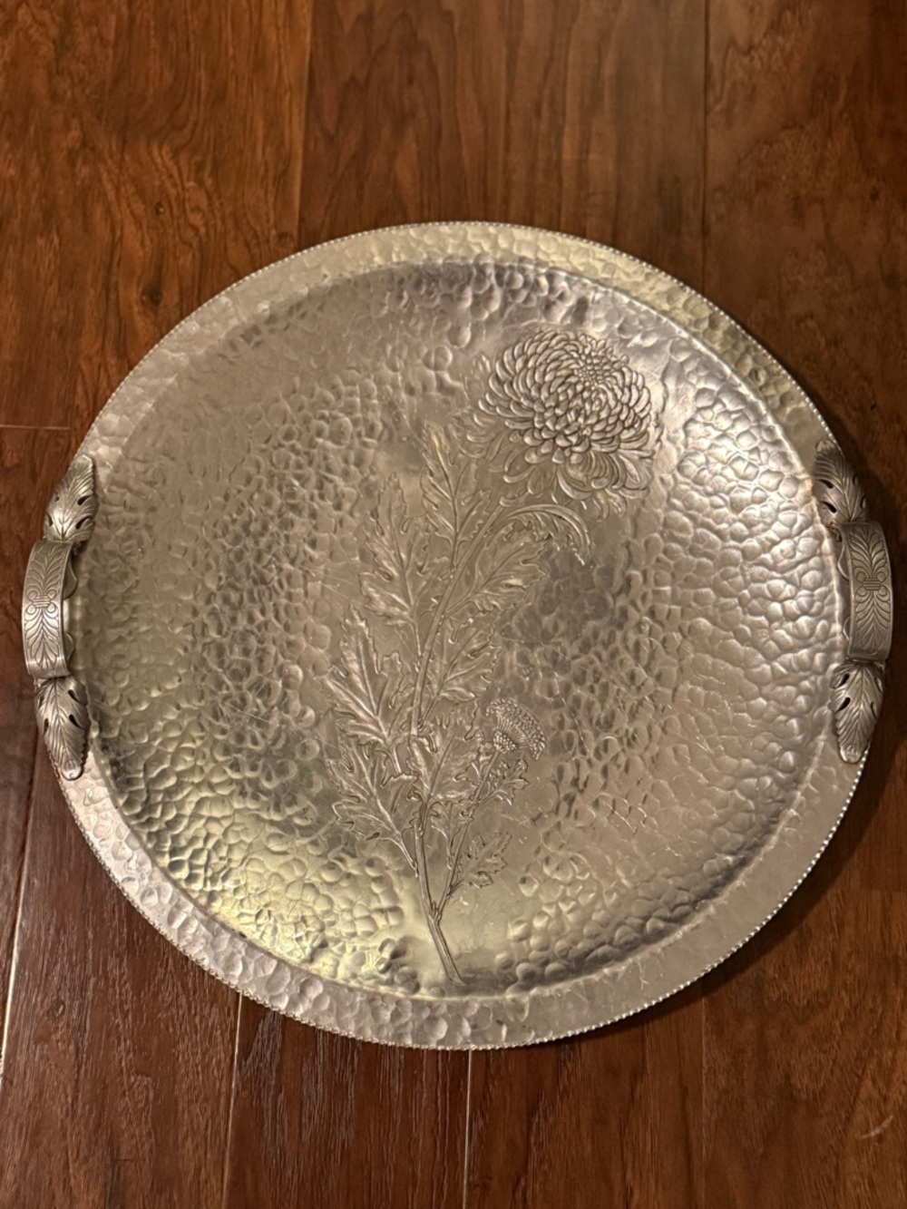 Vintage Aluminum Tray with Chrysanthemum Floral Design and Handles 18.5”